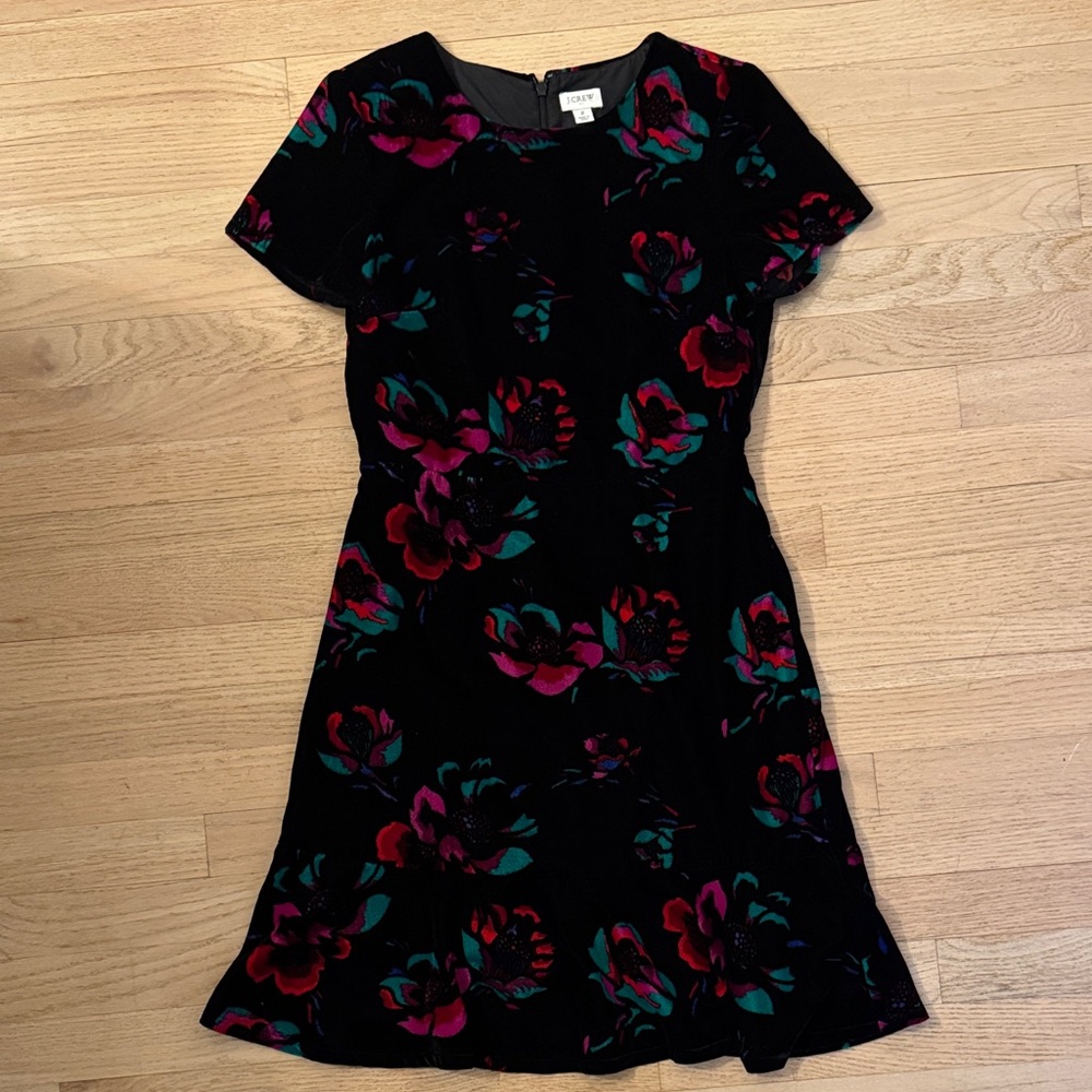 J. Crew Black Mini Dress with Pink and Green Floral Pattern